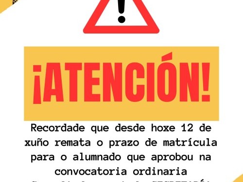 Prazo ordinario de matrícula do 5 ao 12 de xuño: ÚLTIMO DÍA!!!